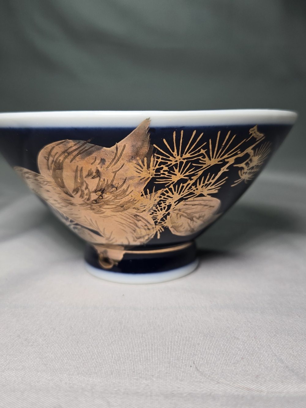 Vintage Kutani Ware Japanese Handpainted Blue Gold Rice Noodle Ramen Bowl EUC